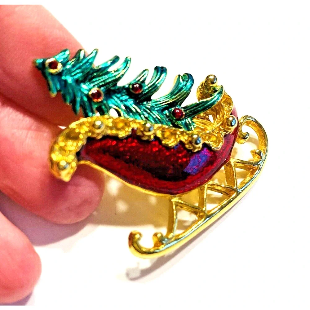 Vintage Christmas Brooch Santa's Red Sleigh & Tree Gold Festive Holiday Pin